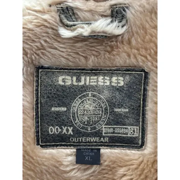 Vintage Guess Distressed Leather Vest Mens XL Front Zip Faux Fur Lined Western